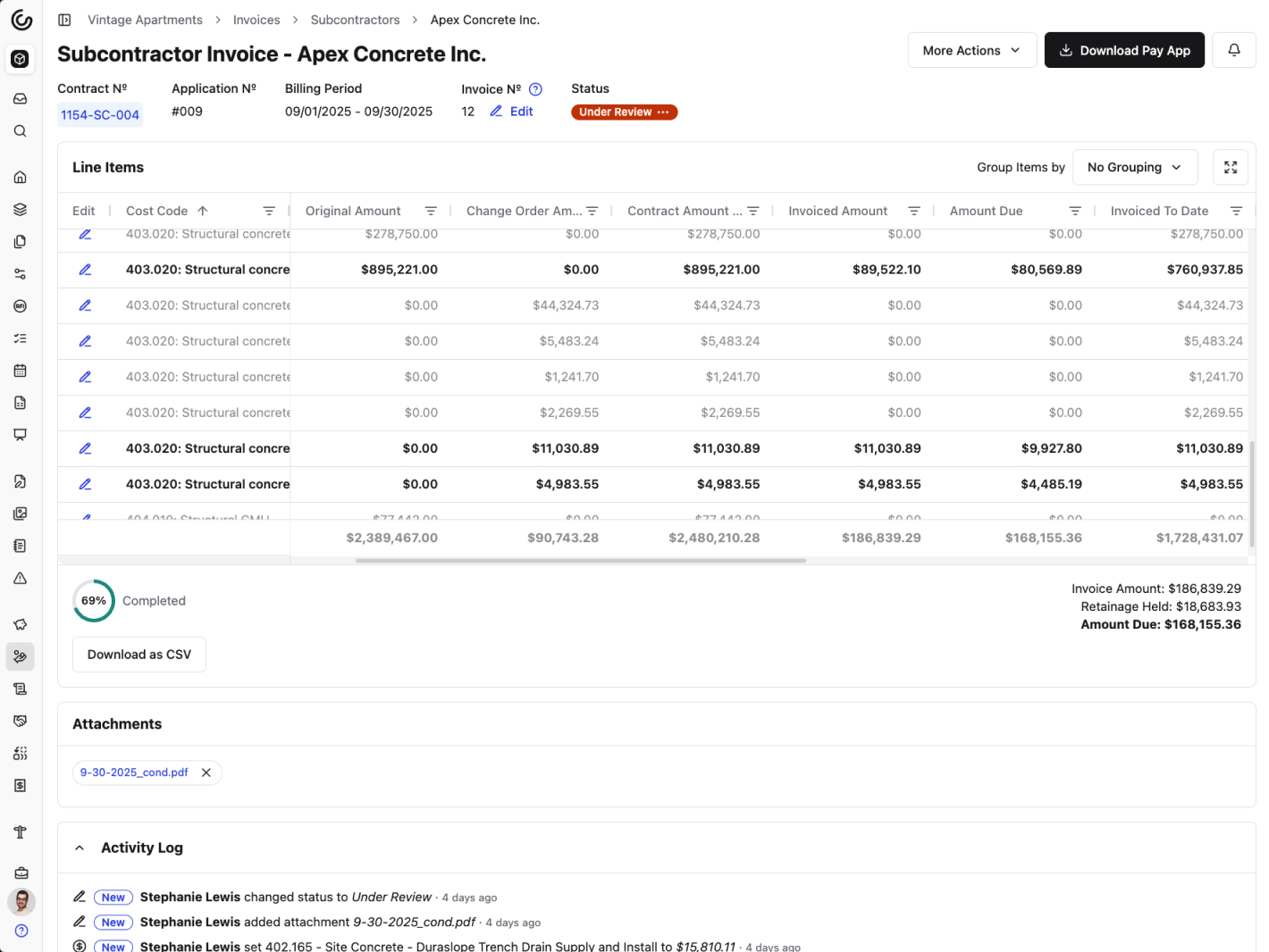 A screenshot of Constructable's invoicing feature, showing an invoice for the September billing period from a concrete subcontractor. All of the invoice details, including the invoice number, amount, due date, status, and the invoice date are clearly shown. The screenshot shows a table view of the relevant line items being billed against (shown in bold text for easy visibility among many other line items not currently being billed against), with their original amount, invoiced amount, amount due, and amount invoiced to date. The total invoice amount, retainage held, and the current amount due are shown at the bottom of the table, along with the overall commitment progress percentage. The user has uploaded a PDF attachment of the original vendor invoice for reference, and an audit trail section shows the record of all of the actions that have been taken on the invoice, such as the invoice being created, approved, and paid.